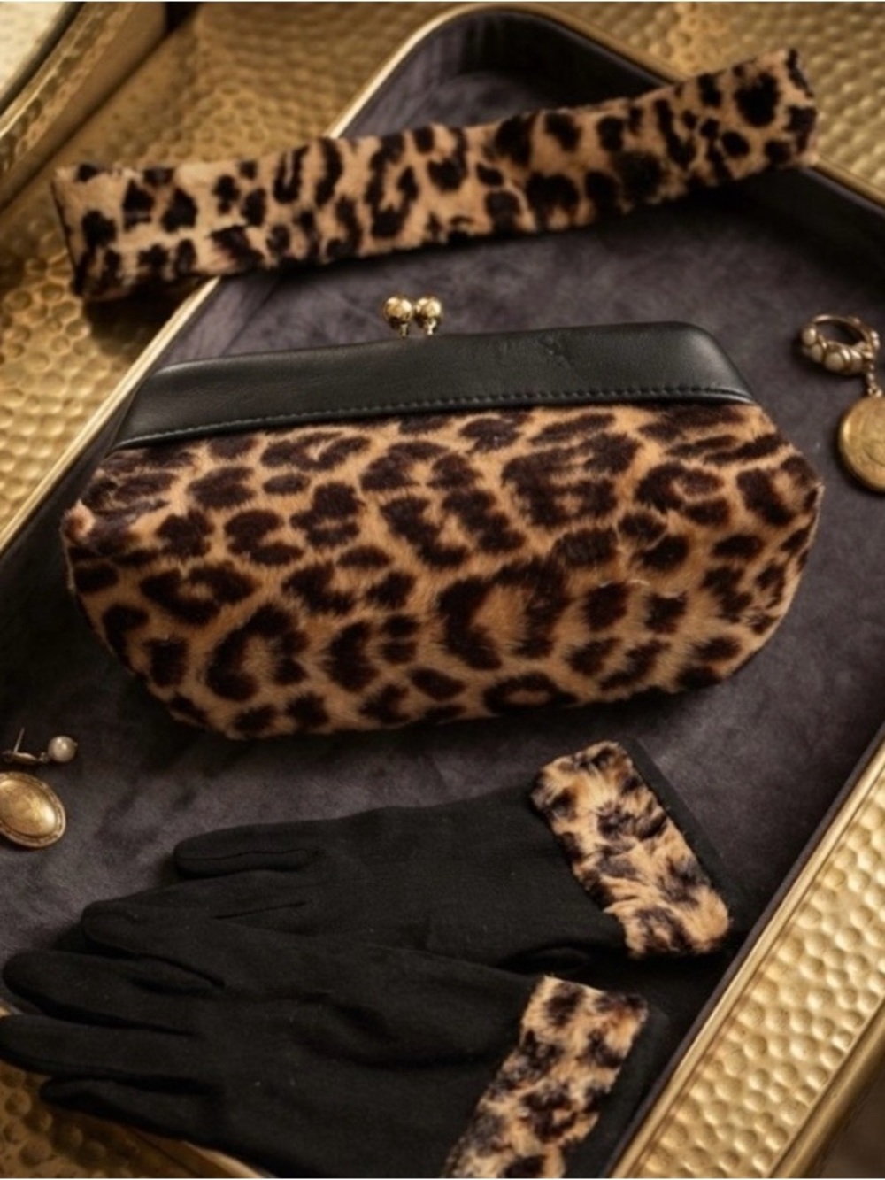 Leopard Print Clutch with Matching Headband and gloves